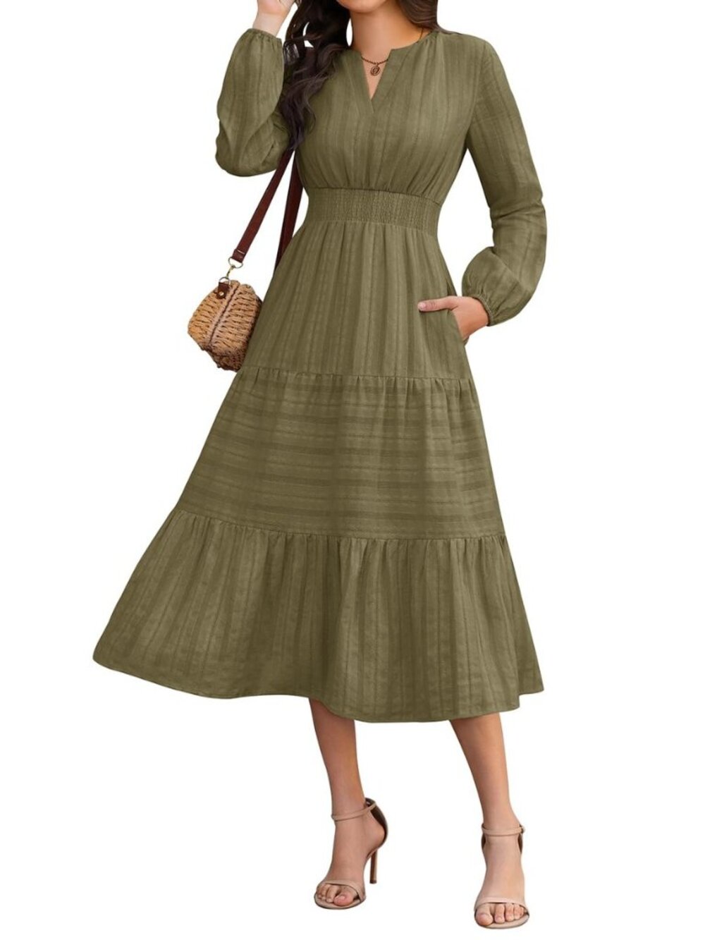 Women's Cotton Midi Dress V-Neck Long Sleeve Tiered Smocked Waist
